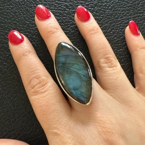 Vintage Sajen Sterling Silver Adjustable Labradorite Marquise Ring Statement Sty - Picture 8 of 8
